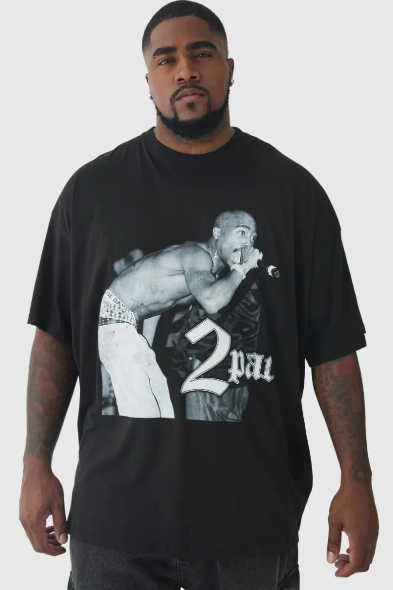 Cheap boohooMAN Plus Oversized Tupac License Print T-Shirt black