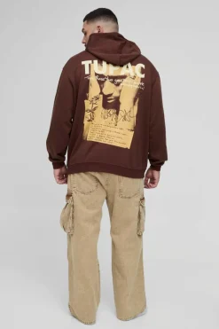 Discount boohooMAN Plus Oversized Tupac Wash License Print Hoodie chocolate