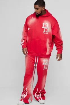 Sale boohooMAN Plus Oversized 13 Washed Flame Print Tracksuit red