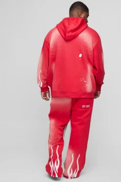 Sale boohooMAN Plus Oversized 13 Washed Flame Print Tracksuit red