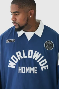 Flash Sale boohooMAN Plus Oversized Worldwide Applique Rugby Polo navy
