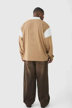 New boohooMAN Plus Oversized Worldwide Applique Rugby Polo brown