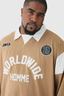 New boohooMAN Plus Oversized Worldwide Applique Rugby Polo brown
