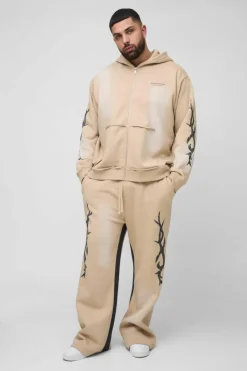 Best boohooMAN Plus Oversized Zip Thru Graphic Spray Wash Hooded Relaxed Flare Tracksuit stone
