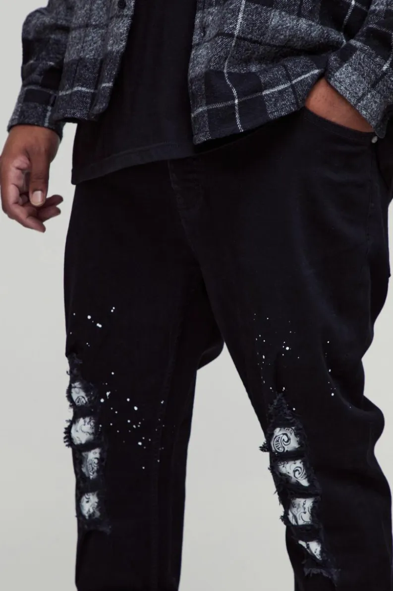 Clearance boohooMAN Plus Paint Splatter Bandanna Rip & Repair Skinny Jeans black