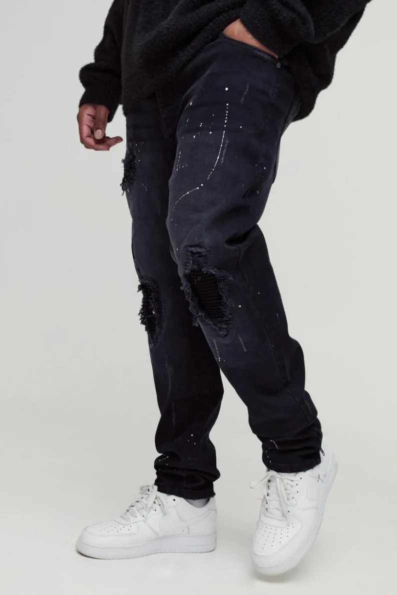 Cheap boohooMAN Plus Paint Splatter Biker Rip & Repair Zip Hem Skinny Jeans washed black