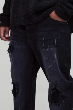 Cheap boohooMAN Plus Paint Splatter Biker Rip & Repair Zip Hem Skinny Jeans washed black