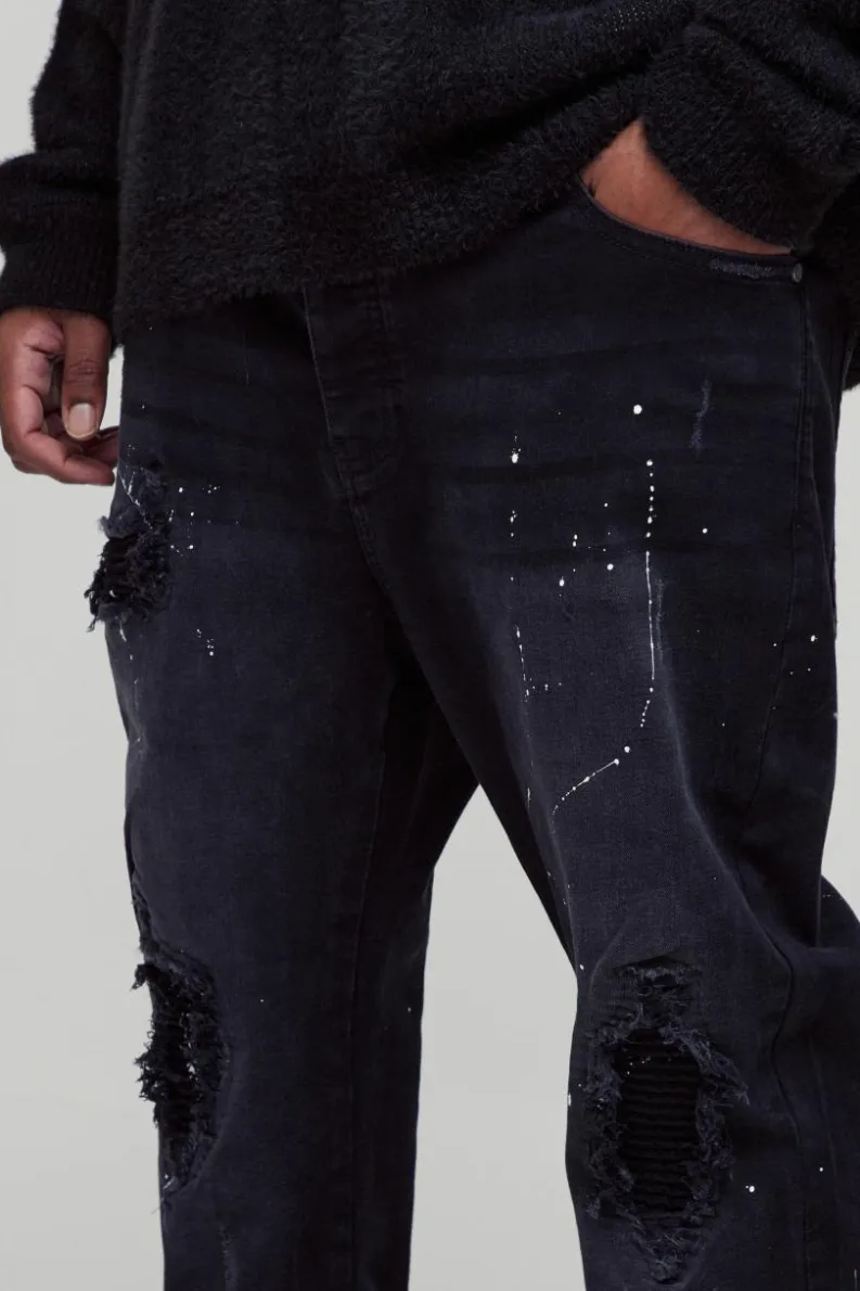 Cheap boohooMAN Plus Paint Splatter Biker Rip & Repair Zip Hem Skinny Jeans washed black