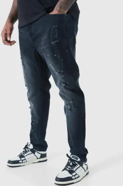 Fashion boohooMAN Plus Paint Splatter Distressed Skinny Jeans washed black