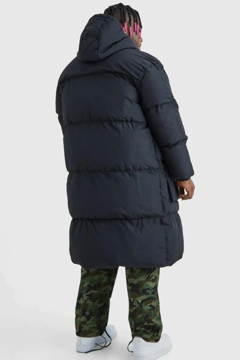 Flash Sale boohooMAN Plus 4 Pocket Longline Hooded Puffer Jacket in black