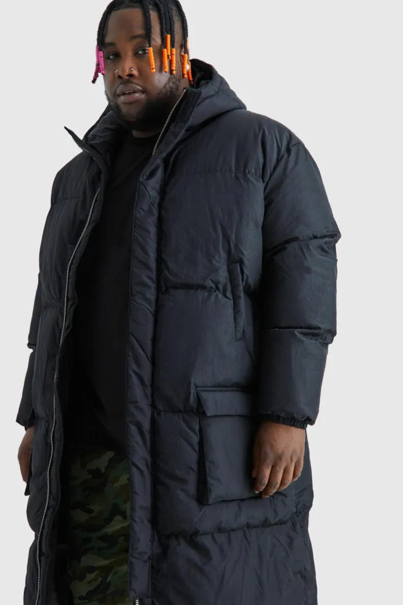 Flash Sale boohooMAN Plus 4 Pocket Longline Hooded Puffer Jacket in black
