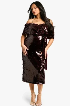 Online boohoo Plus Premium Sequin Off The Shoulder Midi Dress malbec