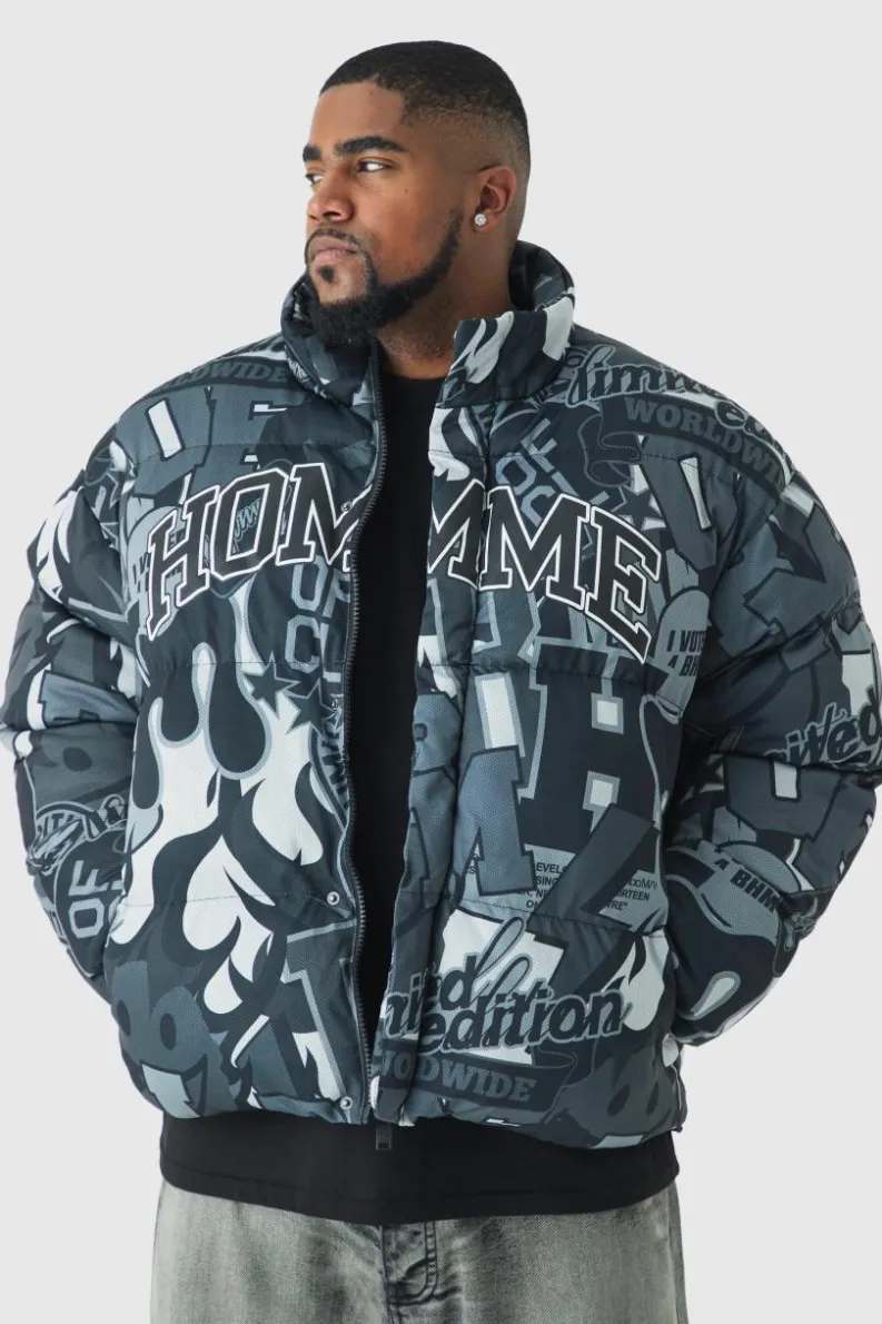Shop boohooMAN Plus Printed Funnel Neck Mesh Puffer Jacket In black