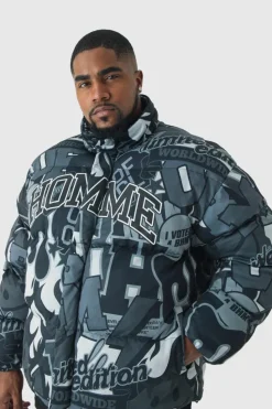 Shop boohooMAN Plus Printed Funnel Neck Mesh Puffer Jacket In black