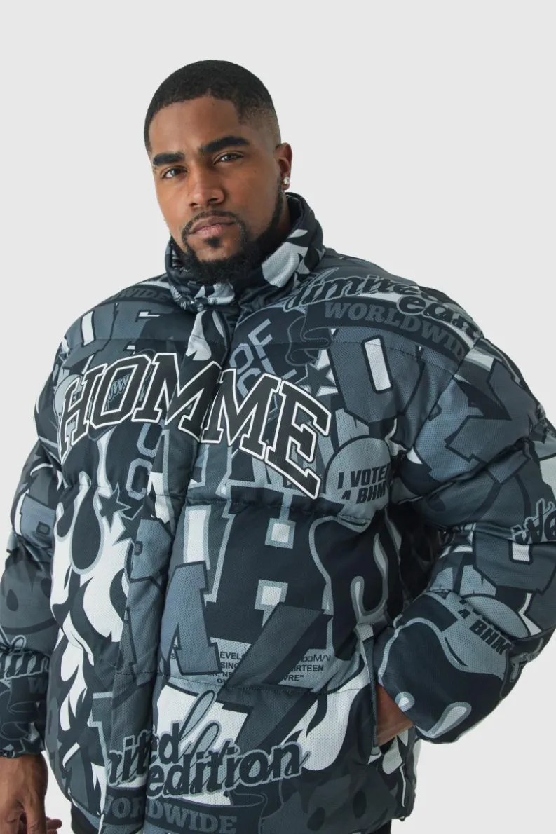 Shop boohooMAN Plus Printed Funnel Neck Mesh Puffer Jacket In black