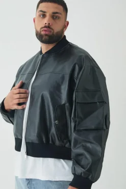 Shop boohooMAN Plus PU Boxy Oversized Cargo Bomber Jacket black