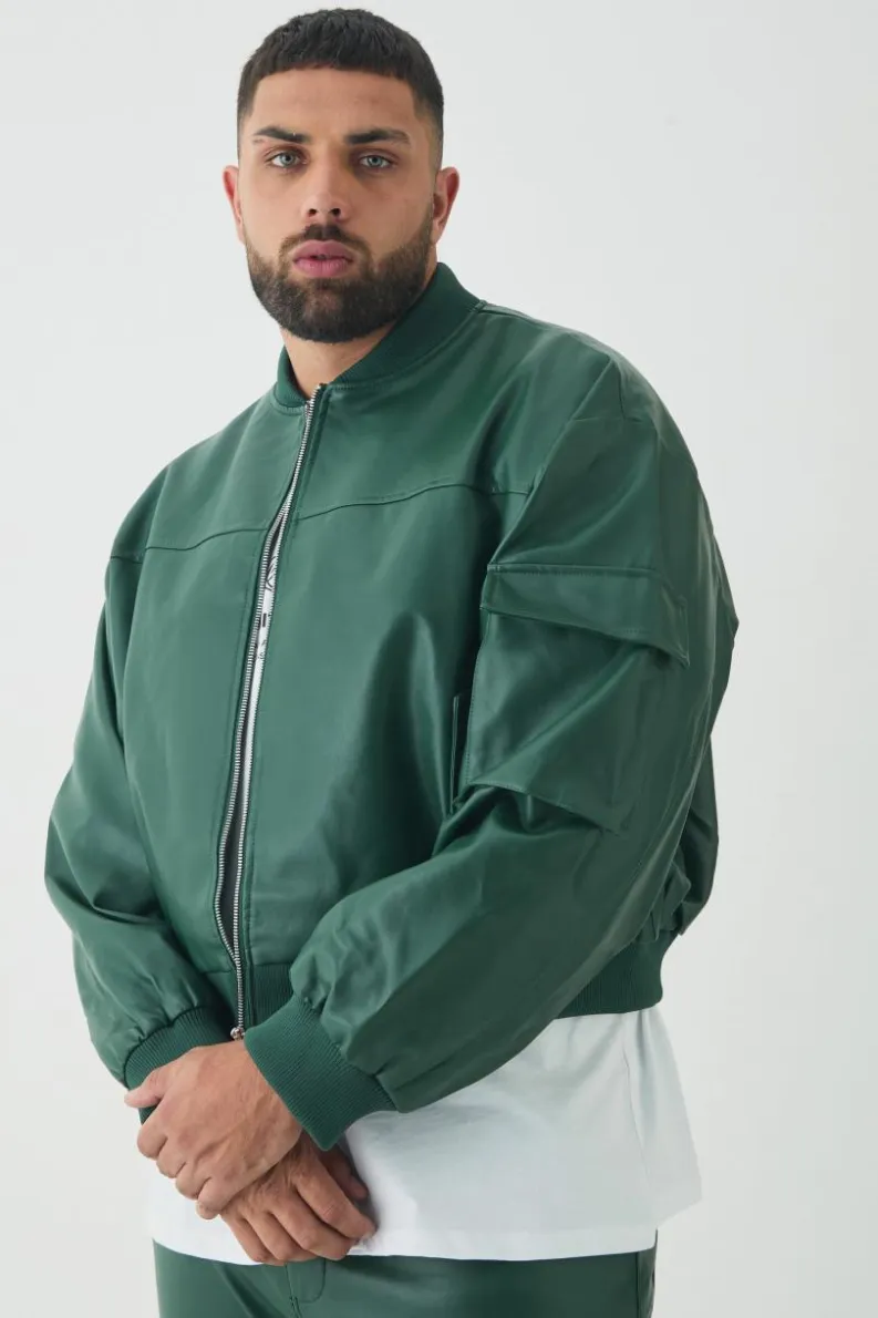 Shop boohooMAN Plus PU Boxy Oversized Cargo Bomber Jacket forest
