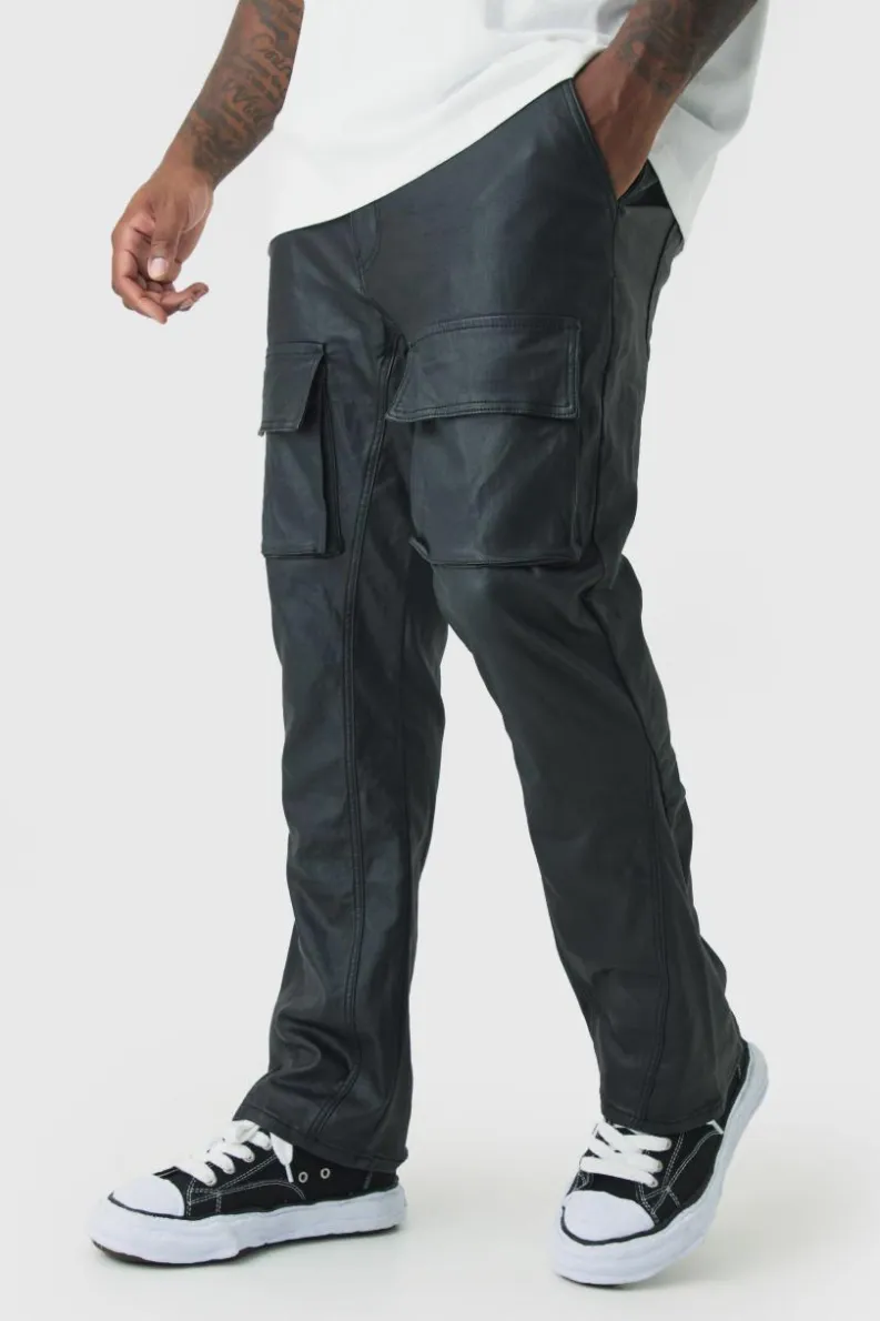 Fashion boohooMAN Plus PU Coated Stacked Flared Gusset Cargo Jeans black
