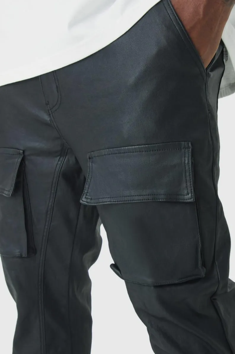 Fashion boohooMAN Plus PU Coated Stacked Flared Gusset Cargo Jeans black
