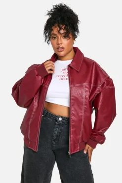 Cheap boohoo Plus Pu Contrast Stitch Oversized Bomber Jacket red