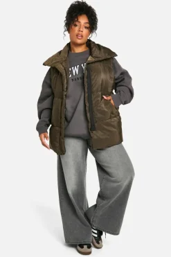 Fashion boohoo Plus Puffer Sleeveless Longline Gilet khaki