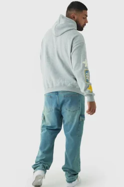Clearance boohooMAN Plus Puff Print Off The Grid Overdyed Hoodie grey