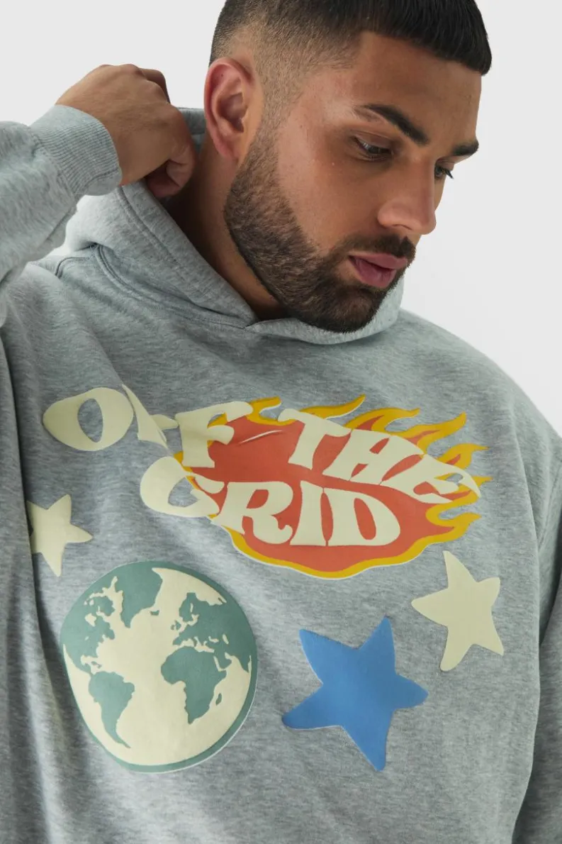 Clearance boohooMAN Plus Puff Print Off The Grid Overdyed Hoodie grey