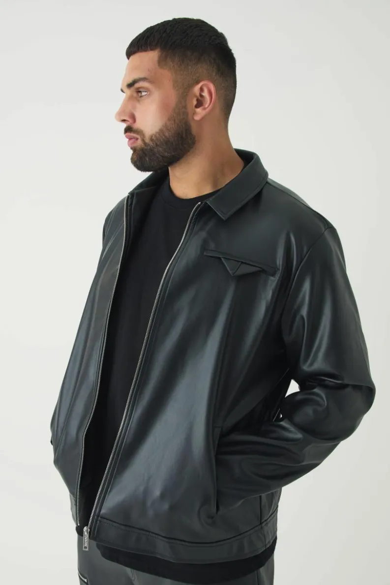 Shop boohooMAN Plus PU Lined Harrington Jacket black