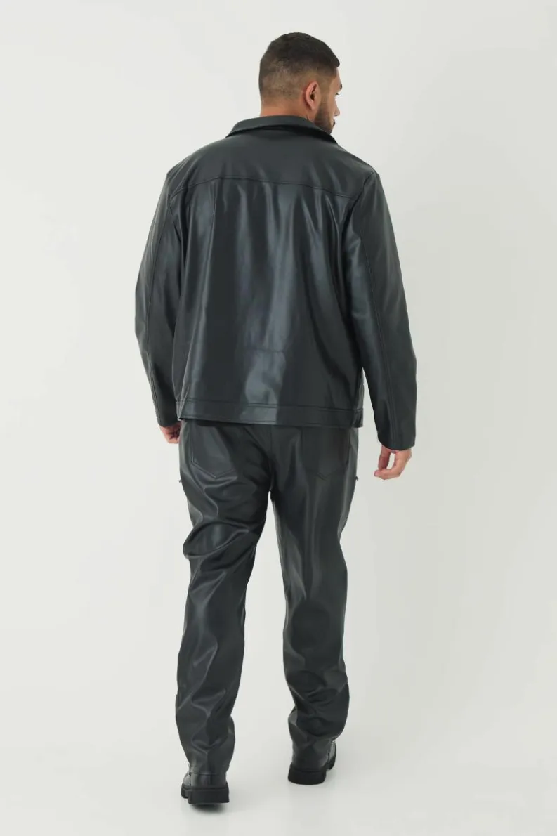 Shop boohooMAN Plus PU Lined Harrington Jacket black