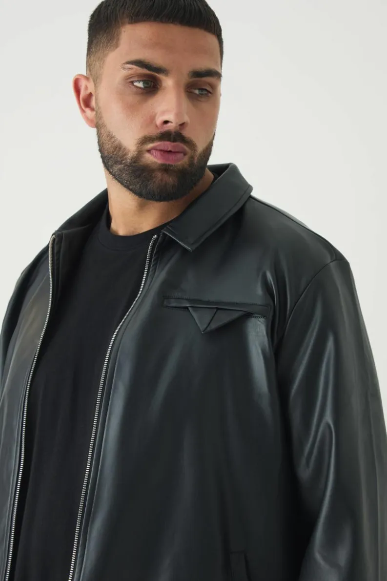 Shop boohooMAN Plus PU Lined Harrington Jacket black