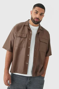 Best Sale boohooMAN Plus PU Short Sleeve Overshirt coffee