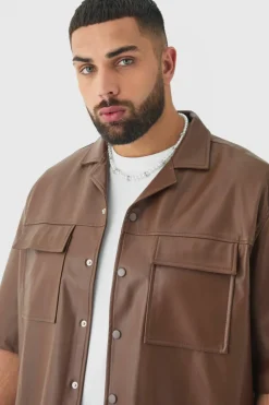 Best Sale boohooMAN Plus PU Short Sleeve Overshirt coffee