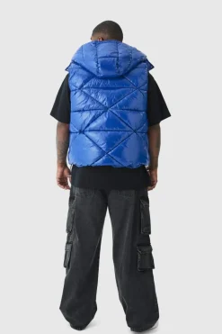 Best Sale boohooMAN Plus Quilted High Shine Vinyl Hooded Gilet In blue