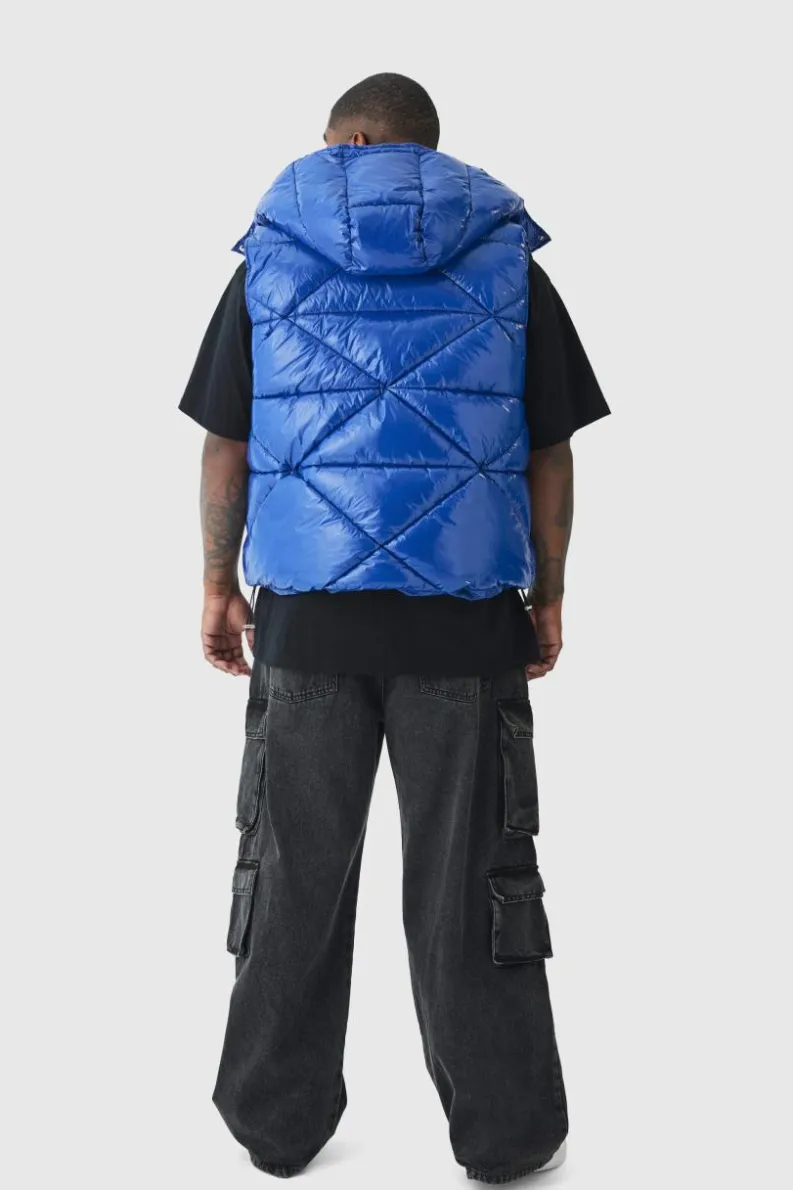 Best Sale boohooMAN Plus Quilted High Shine Vinyl Hooded Gilet In blue