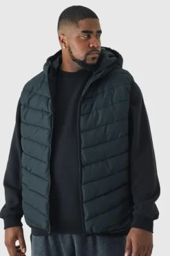Outlet boohooMAN Plus Quilted Zip Through Hooded Gilet In black