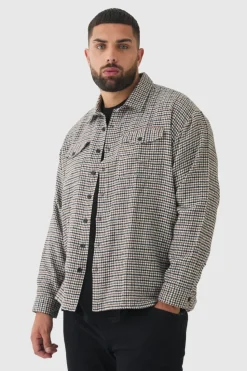 Best Sale boohooMAN Plus Regular Fit Micro Dogtooth Brushed Shirt stone