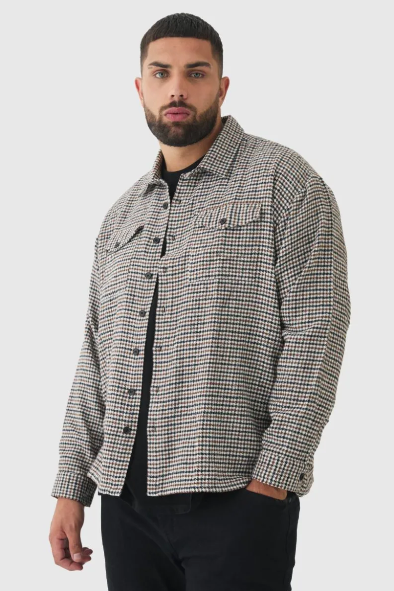 Best Sale boohooMAN Plus Regular Fit Micro Dogtooth Brushed Shirt stone