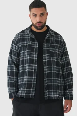 Cheap boohooMAN Plus Regular Fit Mono Brushed Checked Shirt black