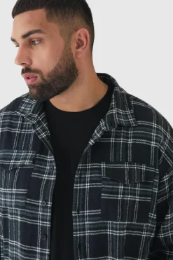 Cheap boohooMAN Plus Regular Fit Mono Brushed Checked Shirt black