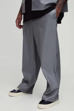 Cheap boohooMAN Plus Relaxed Fit Fixed Waistband PU Worker Panel Trousers grey