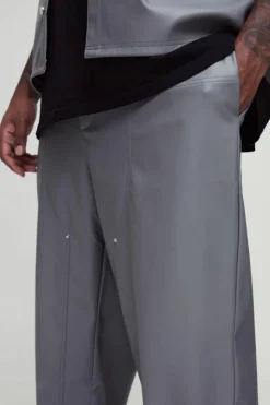 Cheap boohooMAN Plus Relaxed Fit Fixed Waistband PU Worker Panel Trousers grey
