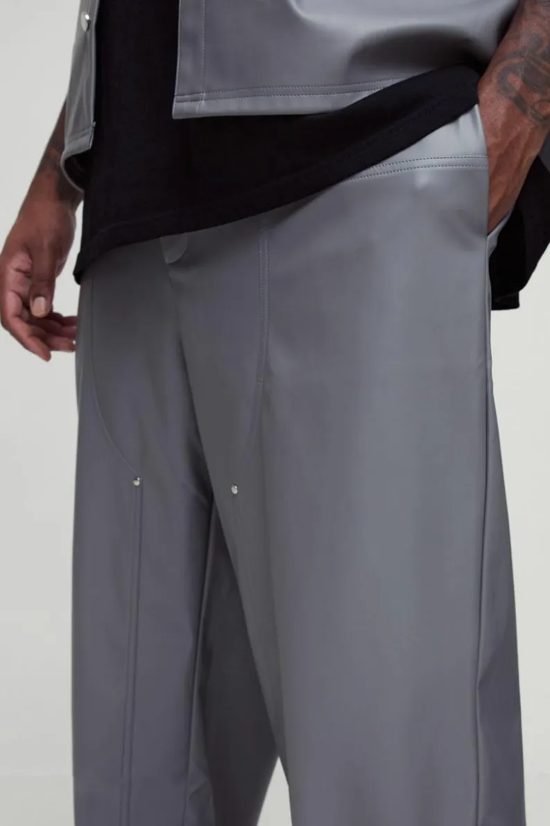 Cheap boohooMAN Plus Relaxed Fit Fixed Waistband PU Worker Panel Trousers grey