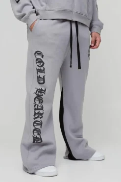 Discount boohooMAN Plus Relaxed Flare Cold Hearted Puff Print Gusset Jogger grey marl