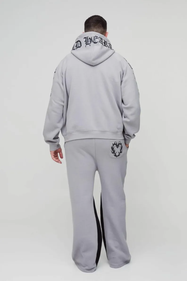 Discount boohooMAN Plus Relaxed Flare Cold Hearted Puff Print Gusset Jogger grey marl