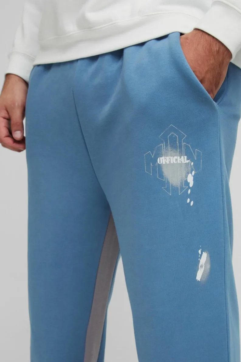 New boohooMAN Plus Relaxed Man Paint Splatter Flare Jogger slate blue