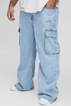 Shop boohooMAN Plus Relaxed Rigid Flare Cargo Jeans light blue