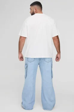 Shop boohooMAN Plus Relaxed Rigid Flare Cargo Jeans light blue