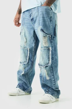 Discount boohooMAN Plus Relaxed Rigid Ripped Carpenter Cargo Jeans antique blue
