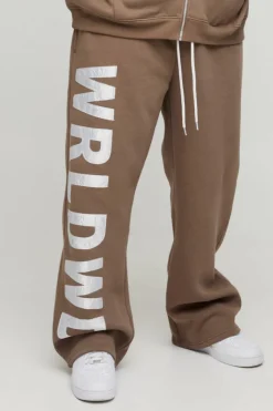 Cheap boohooMAN Plus Relaxed Satin Applique WRLDWD Jogger brown