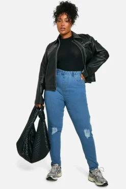 Cheap boohoo Plus Rip Knee Skinny Jegging mid blue